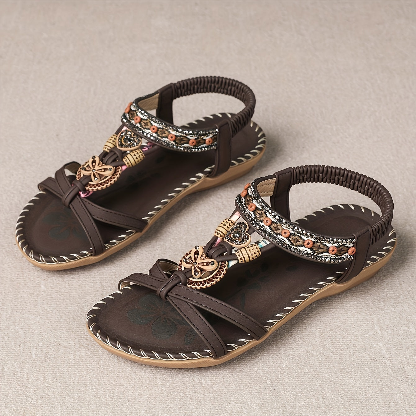Bohemian Ethnic Style Women'S Shoes Summer Outdoor Beach Sandals Wear-Resistant Comfortable Shock-Absorbing Open-Toe Rhinestone Women'S Shoes, Women Shoes