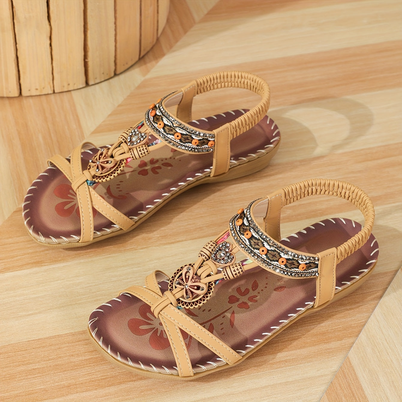Bohemian Ethnic Style Women'S Shoes Summer Outdoor Beach Sandals Wear-Resistant Comfortable Shock-Absorbing Open-Toe Rhinestone Women'S Shoes, Women Shoes