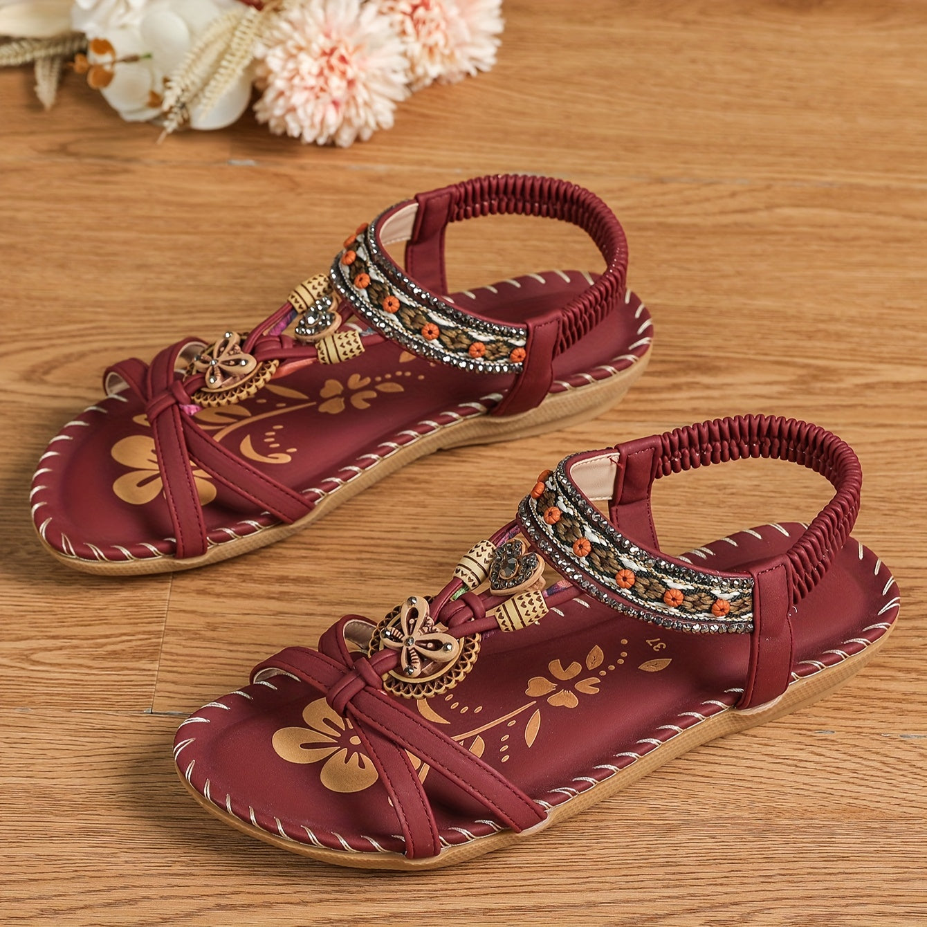 Bohemian Ethnic Style Women'S Shoes Summer Outdoor Beach Sandals Wear-Resistant Comfortable Shock-Absorbing Open-Toe Rhinestone Women'S Shoes, Women Shoes