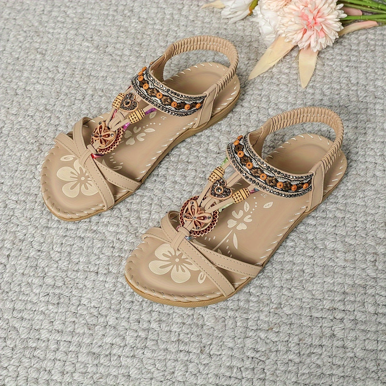 Bohemian Ethnic Style Women'S Shoes Summer Outdoor Beach Sandals Wear-Resistant Comfortable Shock-Absorbing Open-Toe Rhinestone Women'S Shoes, Women Shoes