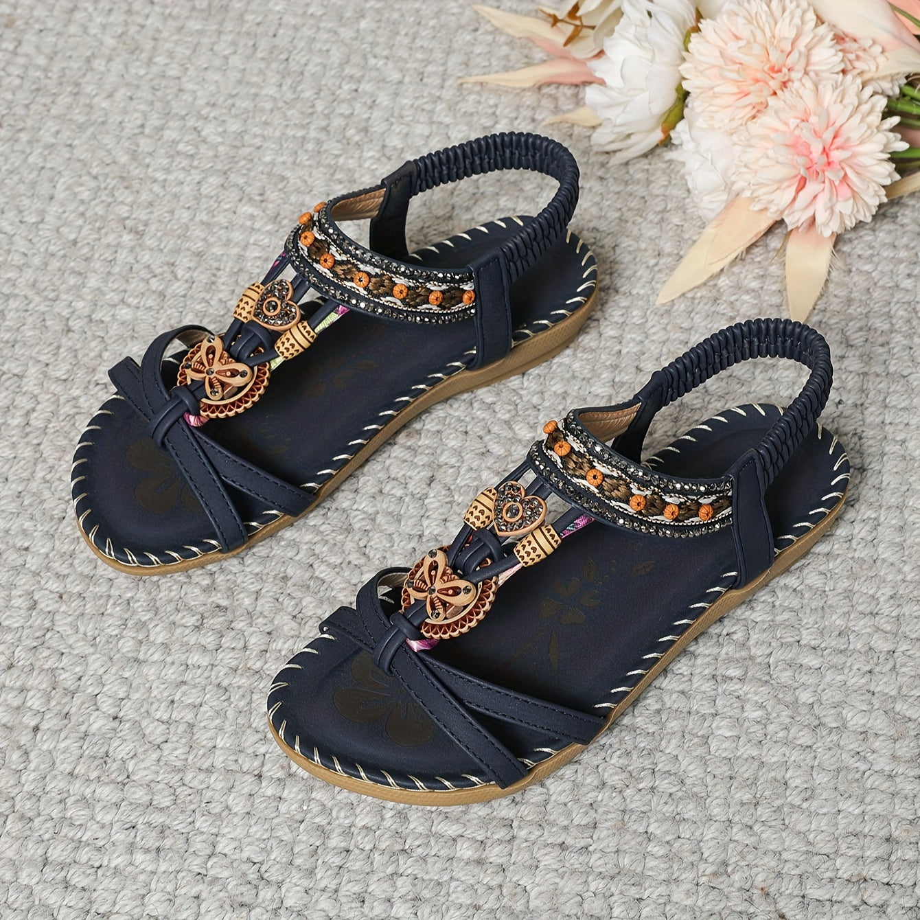 Bohemian Ethnic Style Women'S Shoes Summer Outdoor Beach Sandals Wear-Resistant Comfortable Shock-Absorbing Open-Toe Rhinestone Women'S Shoes, Women Shoes