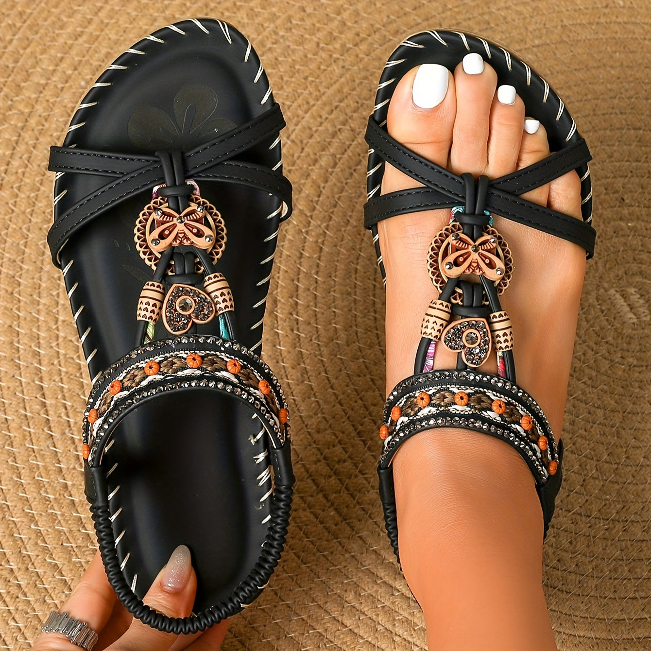 Bohemian Ethnic Style Women'S Shoes Summer Outdoor Beach Sandals Wear-Resistant Comfortable Shock-Absorbing Open-Toe Rhinestone Women'S Shoes, Women Shoes