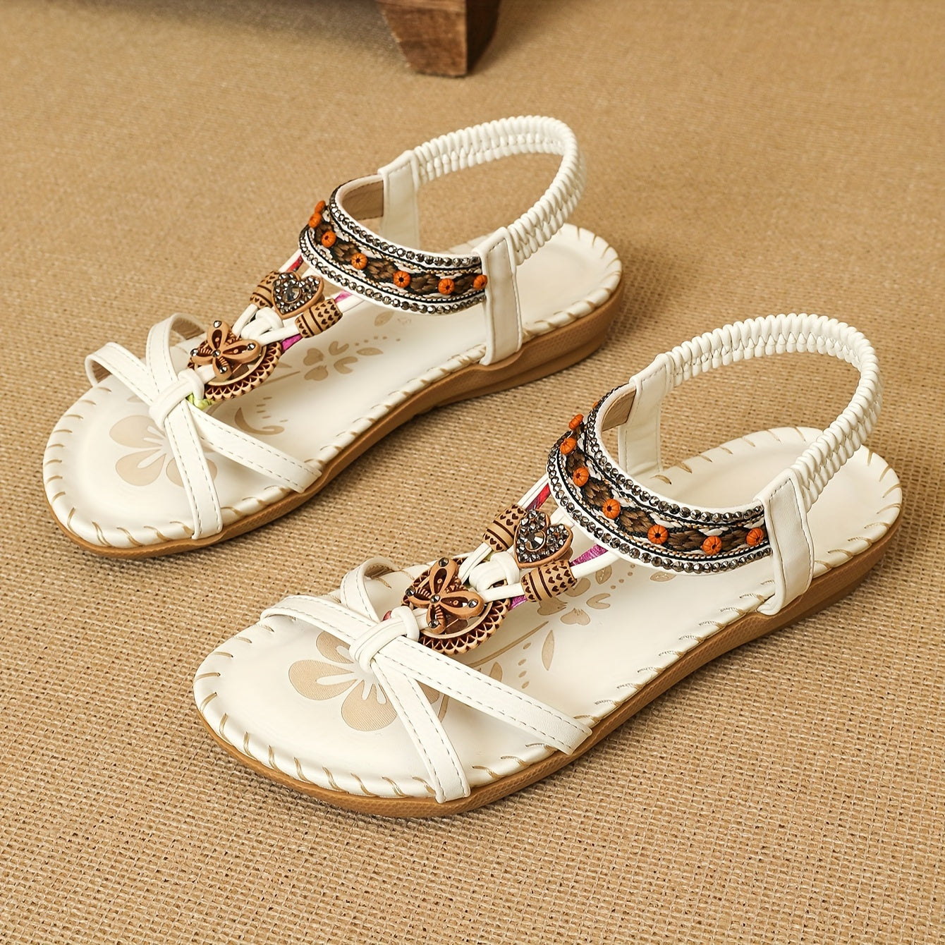 Bohemian Ethnic Style Women'S Shoes Summer Outdoor Beach Sandals Wear-Resistant Comfortable Shock-Absorbing Open-Toe Rhinestone Women'S Shoes, Women Shoes