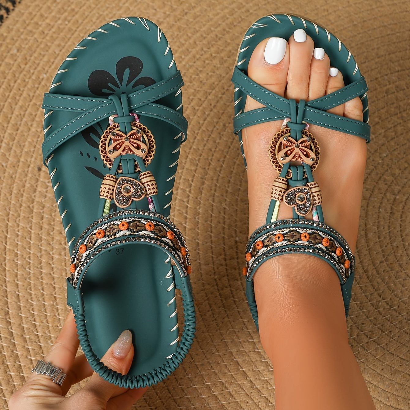 Bohemian Ethnic Style Women'S Shoes Summer Outdoor Beach Sandals Wear-Resistant Comfortable Shock-Absorbing Open-Toe Rhinestone Women'S Shoes, Women Shoes