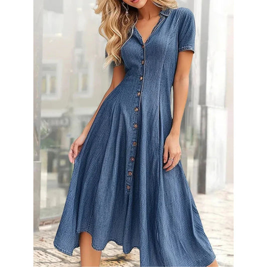 Solid Color Women's Casual Loose Denim Short Sleeved Long Slit Shirt Dress with Shoulder Sleeves and Button Up Dress