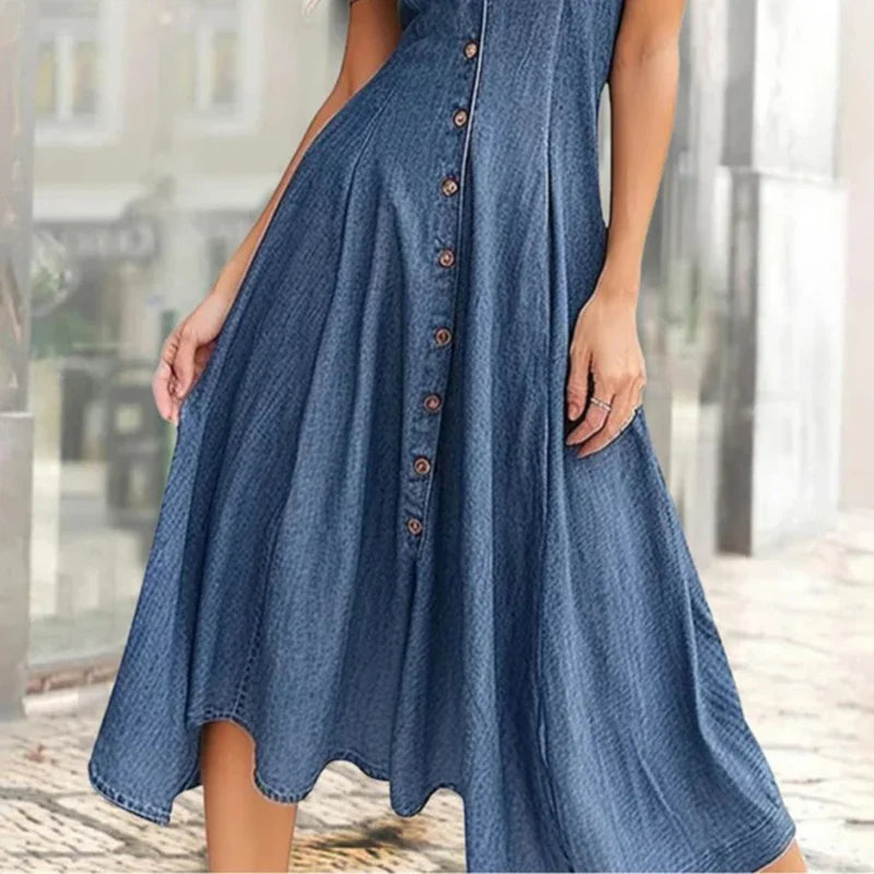 Solid Color Women's Casual Loose Denim Short Sleeved Long Slit Shirt Dress with Shoulder Sleeves and Button Up Dress