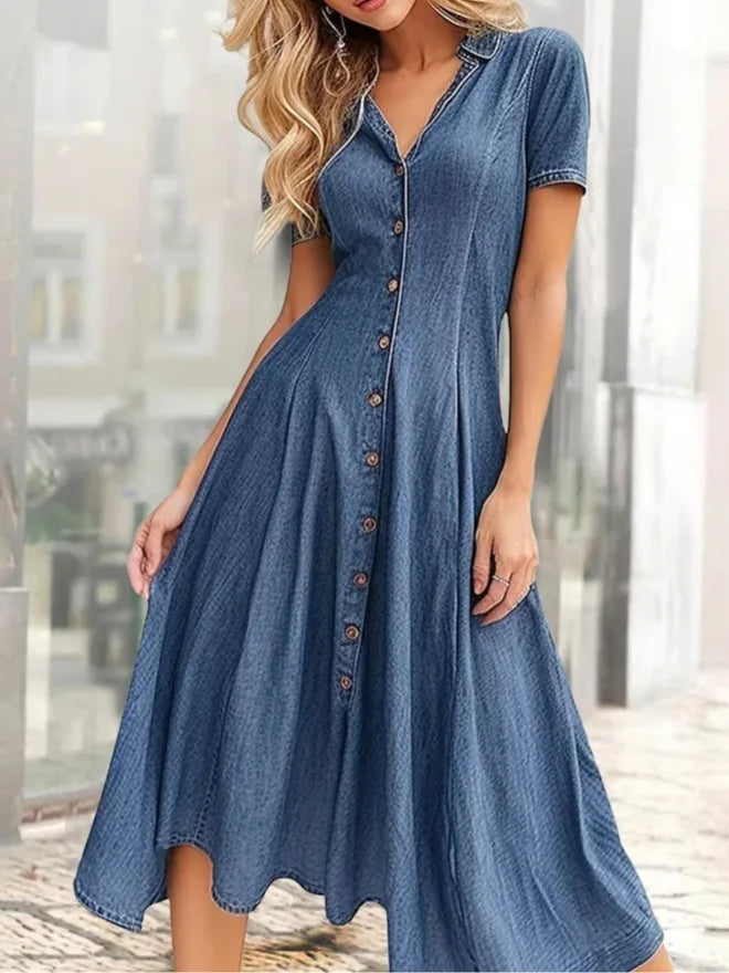 Solid Color Women's Casual Loose Denim Short Sleeved Long Slit Shirt Dress with Shoulder Sleeves and Button Up Dress