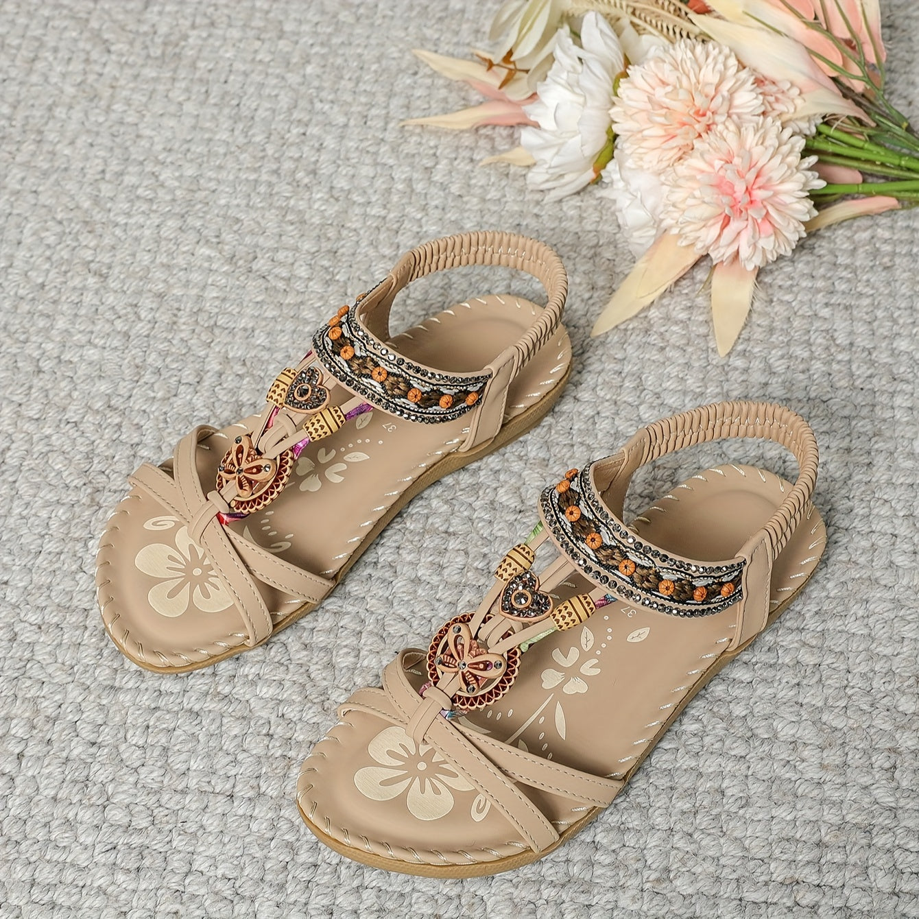 Bohemian Ethnic Style Women'S Shoes Summer Outdoor Beach Sandals Wear-Resistant Comfortable Shock-Absorbing Open-Toe Rhinestone Women'S Shoes, Women Shoes