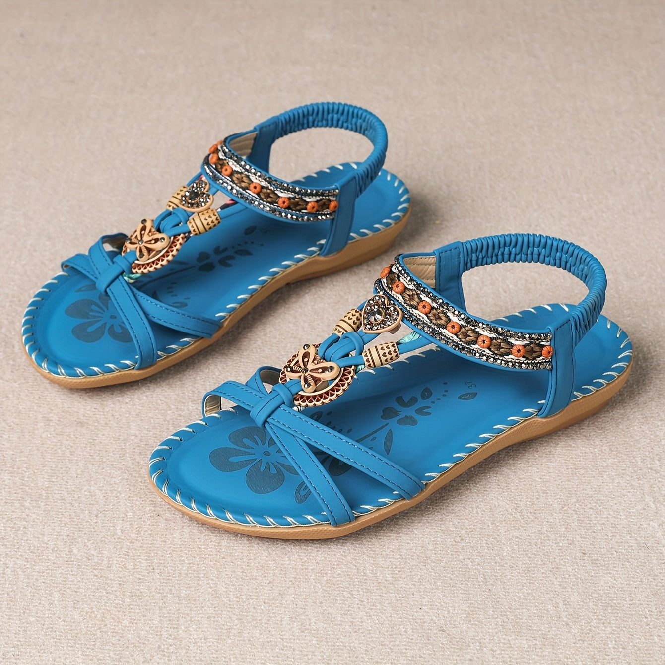 Bohemian Ethnic Style Women'S Shoes Summer Outdoor Beach Sandals Wear-Resistant Comfortable Shock-Absorbing Open-Toe Rhinestone Women'S Shoes, Women Shoes