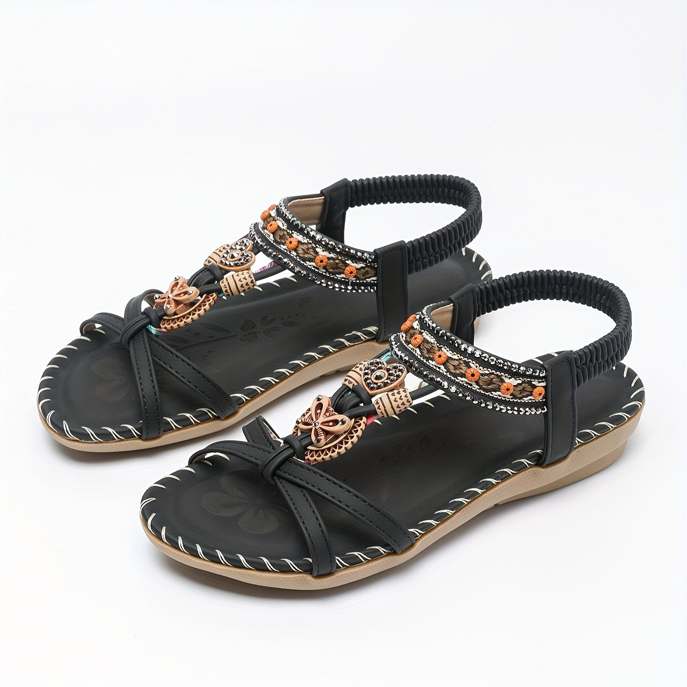 Bohemian Ethnic Style Women'S Shoes Summer Outdoor Beach Sandals Wear-Resistant Comfortable Shock-Absorbing Open-Toe Rhinestone Women'S Shoes, Women Shoes