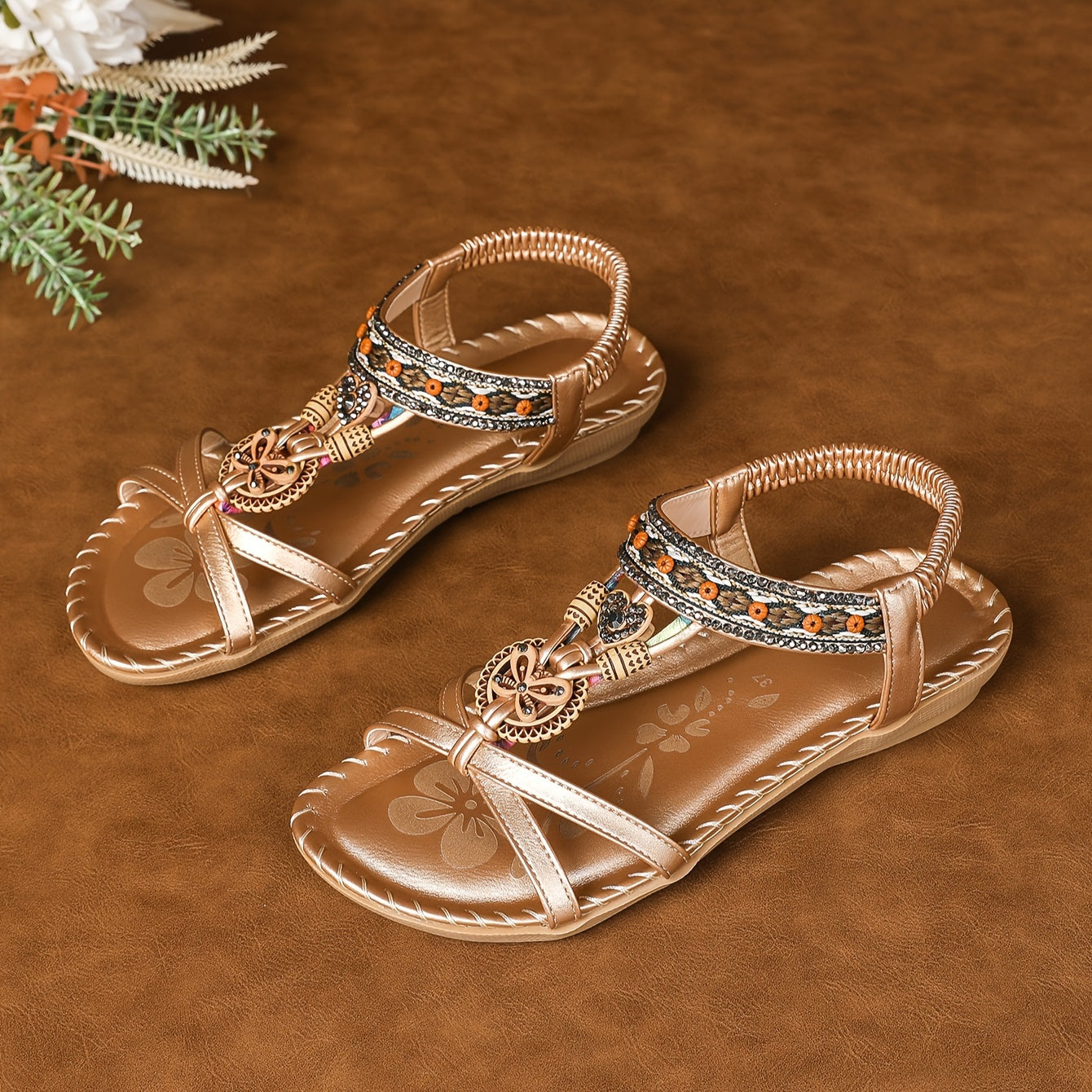 Bohemian Ethnic Style Women'S Shoes Summer Outdoor Beach Sandals Wear-Resistant Comfortable Shock-Absorbing Open-Toe Rhinestone Women'S Shoes, Women Shoes