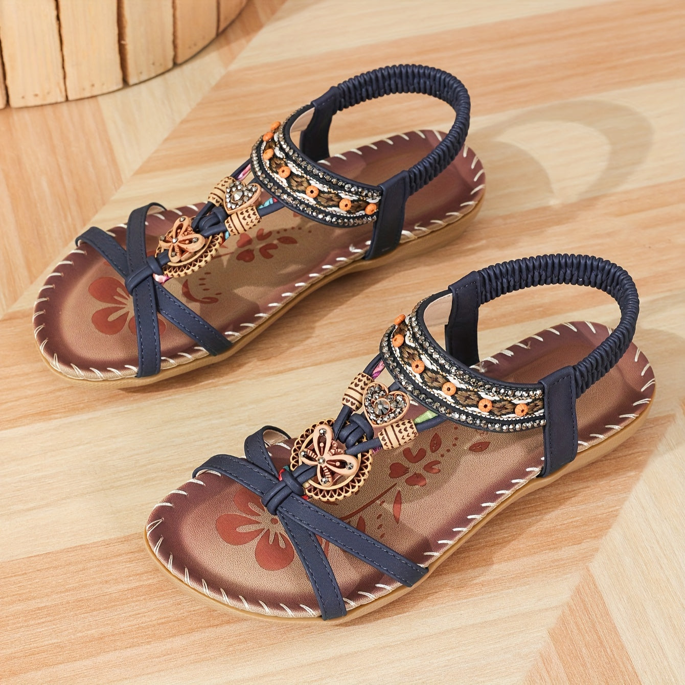 Bohemian Ethnic Style Women'S Shoes Summer Outdoor Beach Sandals Wear-Resistant Comfortable Shock-Absorbing Open-Toe Rhinestone Women'S Shoes, Women Shoes